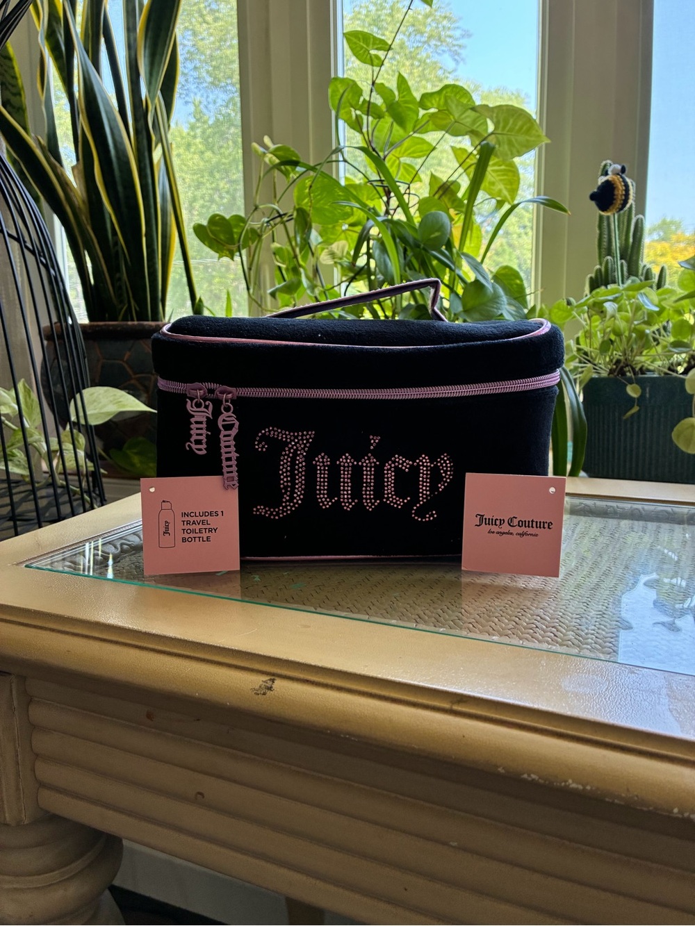 Juicy Couture Black Cosmetic Case with Pink Trim and Rhinestone 'Juicy' Logo